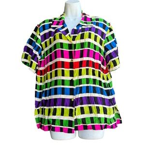 VTG Corey B. Multicolor Striped Silk Top Sz 12 Check Pattern Short Sleeve Blouse